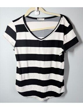 Bom Bom Womens Small Black/White Striped V Neck T-Shirt Casual Stretch Knit Tee